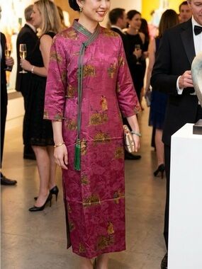 Magenta Asian-Inspired Dress with Green Trim (Qipoa)